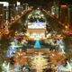 An aerial view of Odori Park in Sapporo, Japan where the Star Wars snow sculpture is installed.